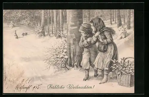 Künstler-AK M. Munk Nr. 689: Kinder beobachten Hasen in Winterlandschaft