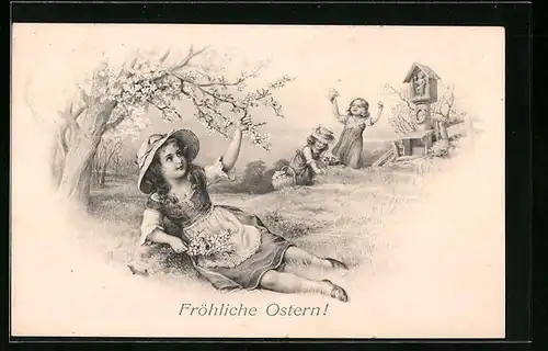 Künstler-AK M. Munk Nr. 579: Kinder unter blühendem Baum mit Strohhüten