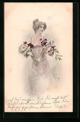 AK Fräulein mit 2 Blumensträussen
