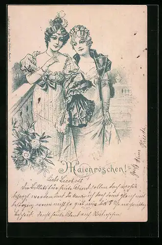 AK 2 Damen unterhalten sich auf einer Treppe