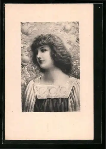 AK Junge Dame in besticktem Kleid