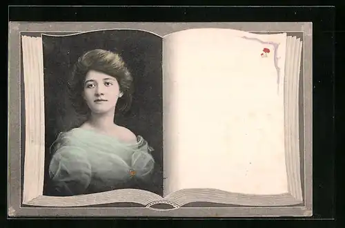 AK Junge Frau als Portrait in einem Buch