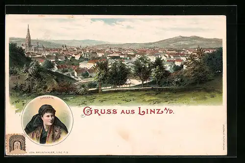 Lithographie Linz a. D., Ortsansicht mit Kirche