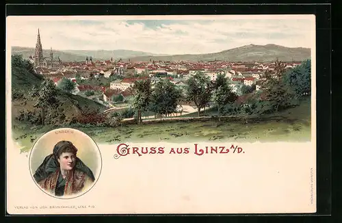 Lithographie Linz a. D., Ortspartie mit Kirche