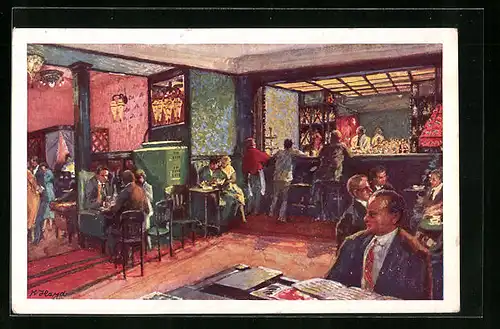 Künstler-AK Linz a. D., Hotel Weinzinger, Innenansicht