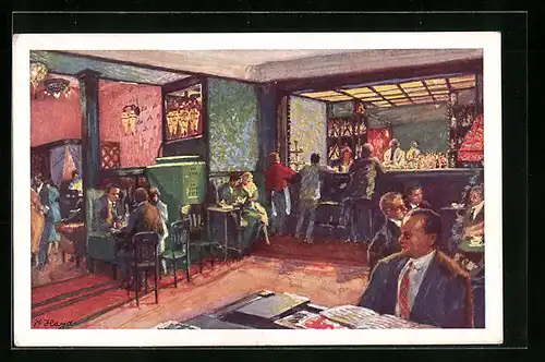 Künstler-AK Linz a. D., Innenansicht vom Hotel Weinzinger