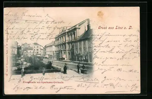 AK Linz a. D., Promenade mit Sparkassa-Gebäude