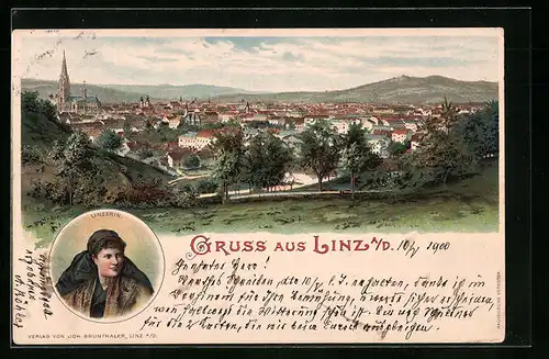 Lithographie Linz a. D., Ortspartie mit Kirche und Landschaft