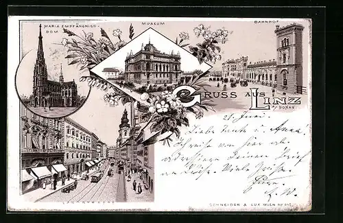 Lithographie Linz a. D., Strassenpartie mit Bahnhof, Museum, Maria Empfängniss-Dom