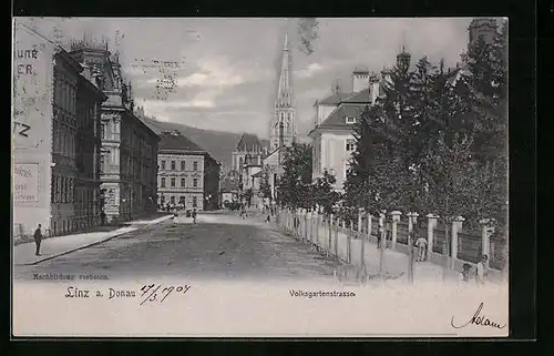 AK Linz a. D., Volksgartenstrasse mit Blick auf Kirche