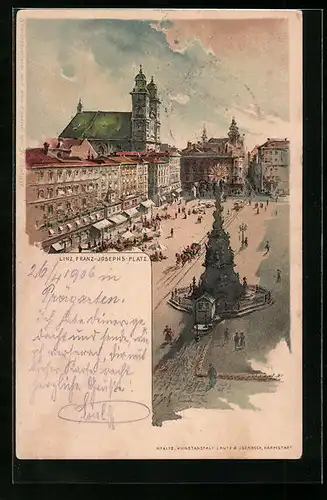 Lithographie Linz a. D., Franz-Josephs-Platz mit Denkmal aus der Vogelschau