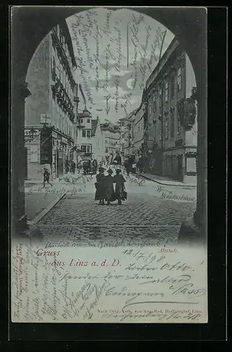 Mondschein-AK Linz a. d. D., Altstadt mit Passanten