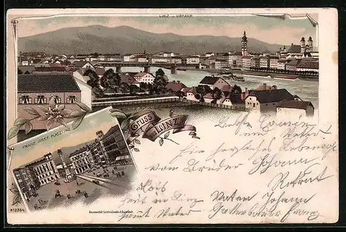 Lithographie Linz a. D., Ortsansicht mit Donau, Franz Josef Platz