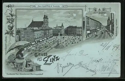 Mondschein-Lithographie Linz a. D., Franz Josef Platz mit Domkirche, Innere Landstrasse