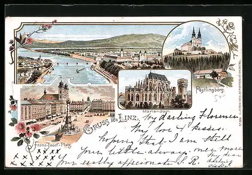 Lithographie Linz a. D., Ortspartie mit Donau, Pöstlingberg, Marienkirche