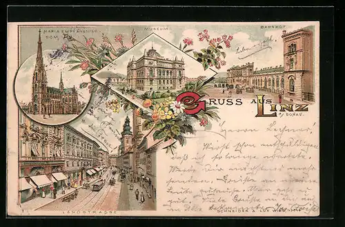 Lithographie Linz a. D., Landstrasse mit Strassenbahn, Bahnhof mit Passanten, Museum