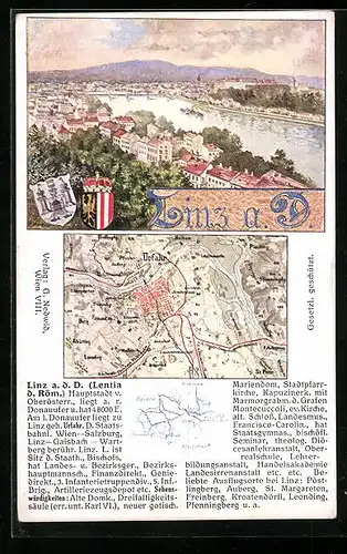 AK Linz a. D., Ortsansicht mit Donau, Wappen