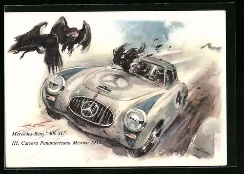 Künstler-AK Auto vom Typ Mercedes-Benz 300 SL bei der III. Carrera Panamericana Mexico 1952