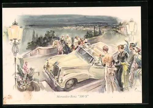 Künstler-AK Auto vom Typ Mercedes-Benz 300 S fährt vor, die Damen staunen