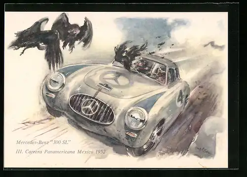 Künstler-AK Auto vom Typ Mercedes-Benz 300 SL bei der III. Carrera Panamericana Mexico 1952