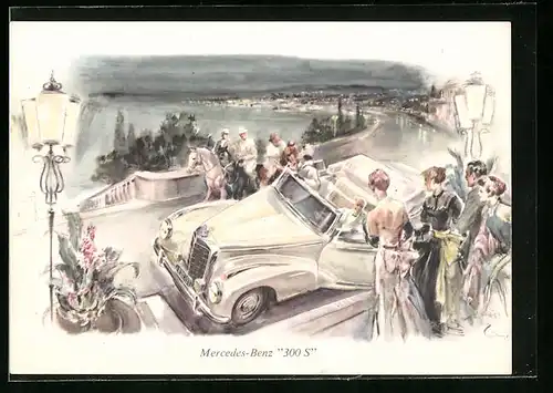Künstler-AK Mercedes-Benz 300 S in einem mondänen Küstenort