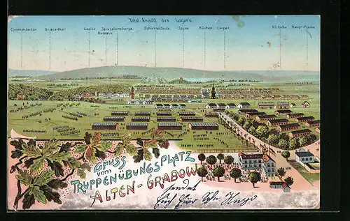 Lithographie Alten-Grabow, Truppenübungsplatz - Totalansicht mit Einrichtungsbezeichnungen