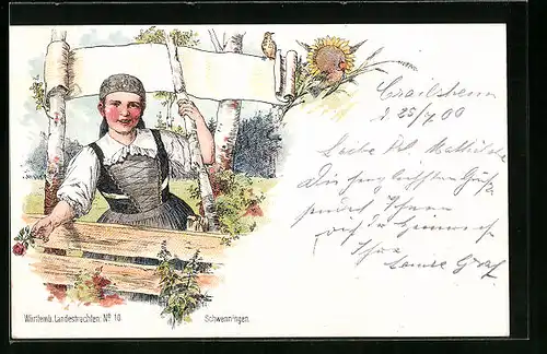 Lithographie Schwenningen, Junge Frau in Württemberger Tracht, Sonnenblume, Singvögel