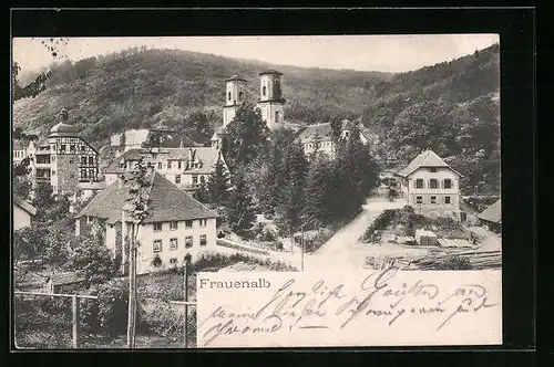 AK Frauenalb, Teilansicht mit Bergkulisse