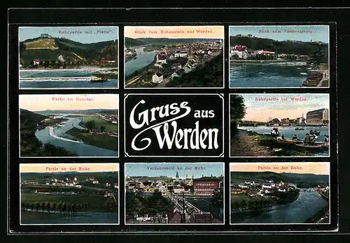 AK Werden, Partie im Ruhrtal, Blick vom Hohenstein auf Werden