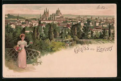 Lithographie Erfurt, Blick über die Stadt, Dame mit Blumenbouquet