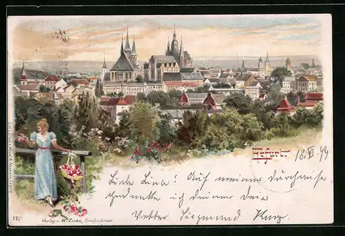 Lithographie Erfurt, Blick über die Stadt, Dame mit Blumenkorb in der Hand