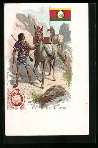 Lithographie Bolivie, La Poste, Briefträger mit Lamas