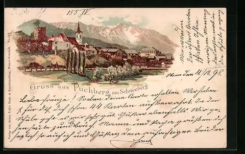 Lithographie Puchberg am Schneeberg, Gesamtansicht mit Bergkulisse