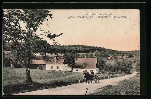 AK St. Andrä-Wördern, Josefa Weidlinger`s Restauration und Meierei von der Strasse gesehen, mit Kutsche