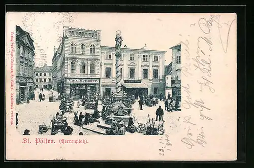 AK St. Pölten, Herrenplatz mit Haus Vinz. Höfinger und Marienstatue