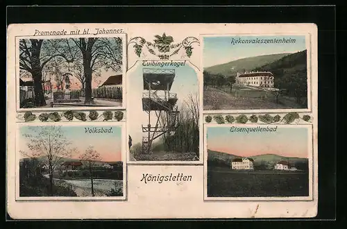 AK Königstetten, Promenade mit hl. Johannes, Volksbad, Eisenquellenbad