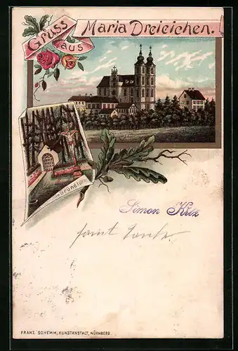 Lithographie Maria Dreieichen, Am Bründl, Blick zur Kirche