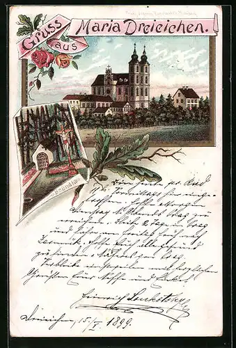 Lithographie Maria Dreieichen, Blick zur Kirche, Bründl