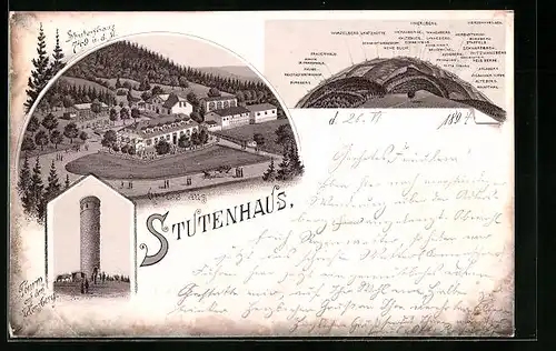 Vorläufer-Lithographie Adlersberg, 1894, Gasthof Stutenhaus, Thurm, Panorama
