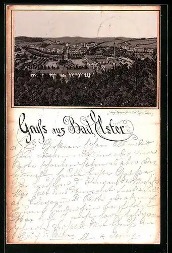 Vorläufer-Lithographie Bad Elster, 1892, Ortsansicht aus der Vogelschau
