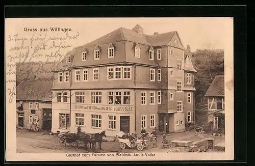 AK Willingen, Gasthof zum Fürsten von Waldeck mit Kutsche und Automobil