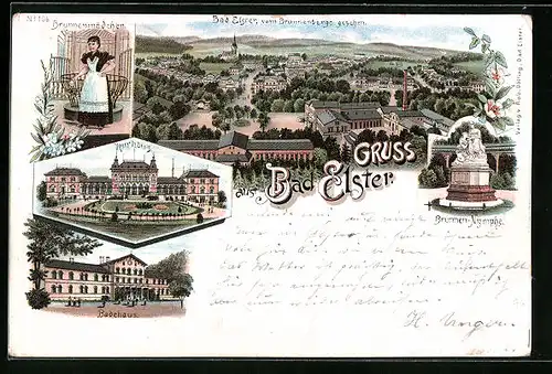 Lithographie Bad Elster, Ortsansicht vom Brunnenberge aus, Brunnenmädchen, Kurhaus