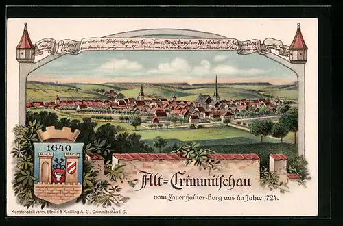 Lithographie Crimmitschau, Ortsansicht vom Lauenhainer-Berg im Jahre 1724, Wappen - Karte zur Stadtrechtsfeier 1914