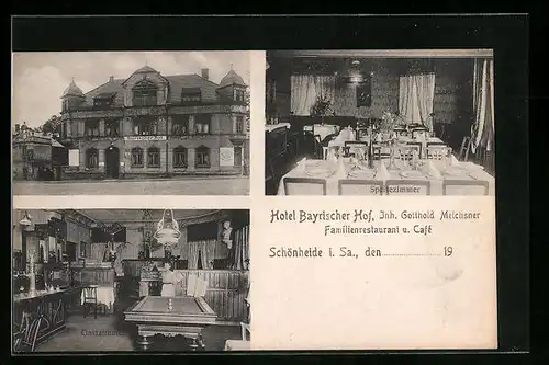 AK Schönheide /Sa., Hotel Bayrischer Hof - Gebäude, Speisezimmer, Gastzimmer