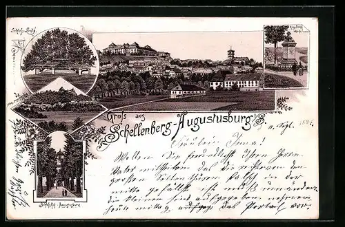 Lithographie Schellenberg-Augustusburg /Sa., Ortsansicht, Schlosshof, Kriegerdenkmal