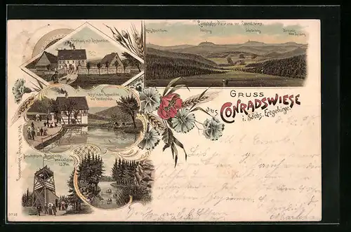 Lithographie Conradswiese i. Sächs. Erzgebirge, Forsthaus mit Restaurant, Ostseite mit Forellenteich, Uferpartie