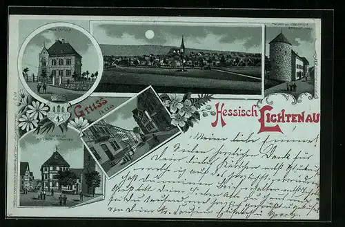 Mondschein-Lithographie Hessisch Lichtenau, Rathaus mit Linde und Brunnen, Neue Schule, Turm am Obertor