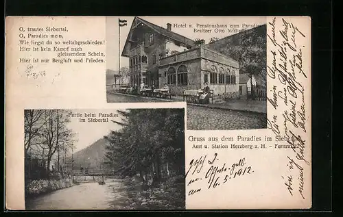 AK Herzberg a. H., Hotel u. Pensionshaus zum Paradies, Uferpartie mit Brücke