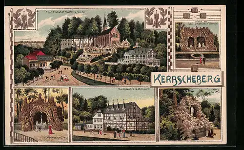 Lithographie Dingelstädt, Kloster & Gasthaus Kerbscheberg, Kurhaus Freckmann, Oelbergsgrotte