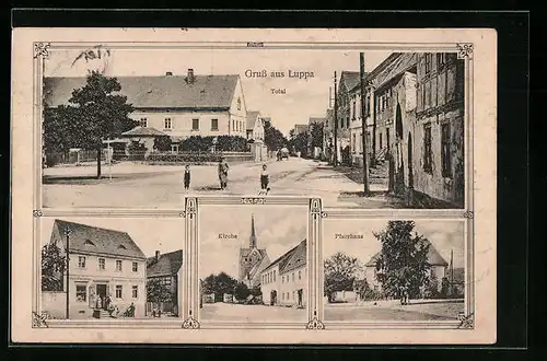 AK Luppa, Kolonialwarengeschäft und Restaurant, Kirche, Pfarrhaus